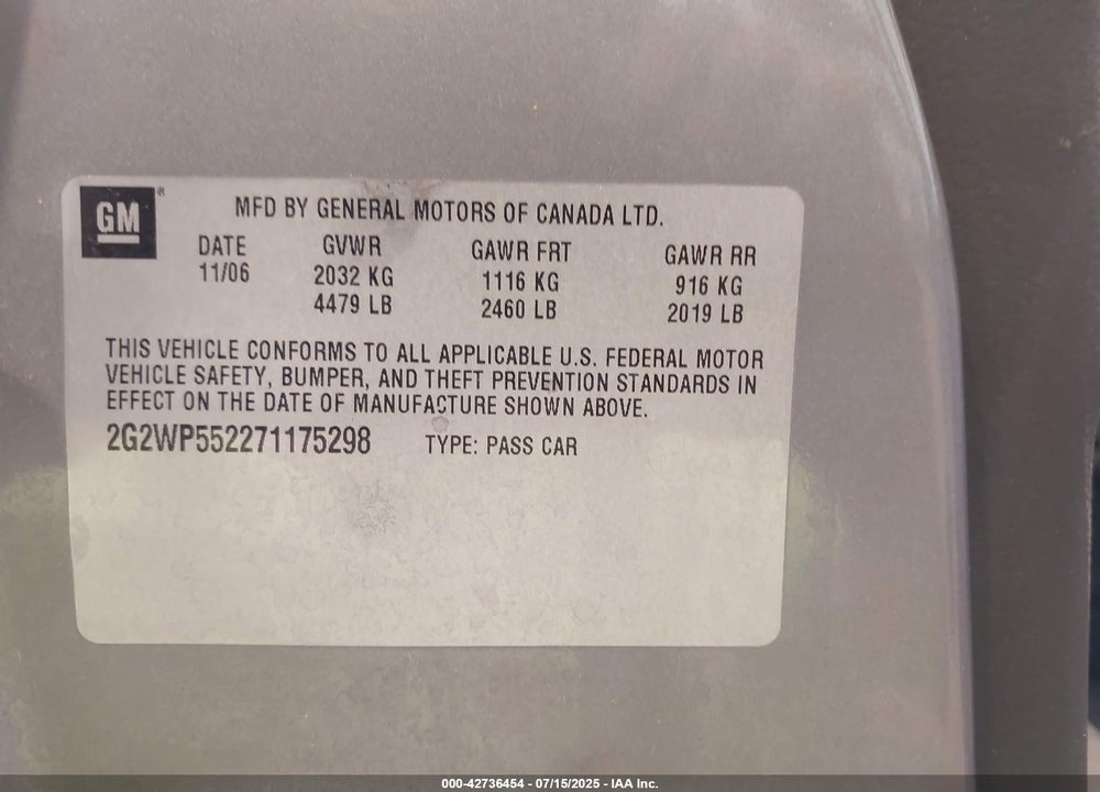 2007 PONTIAC GRAND PRIX VIN: 2G2WP552271175298