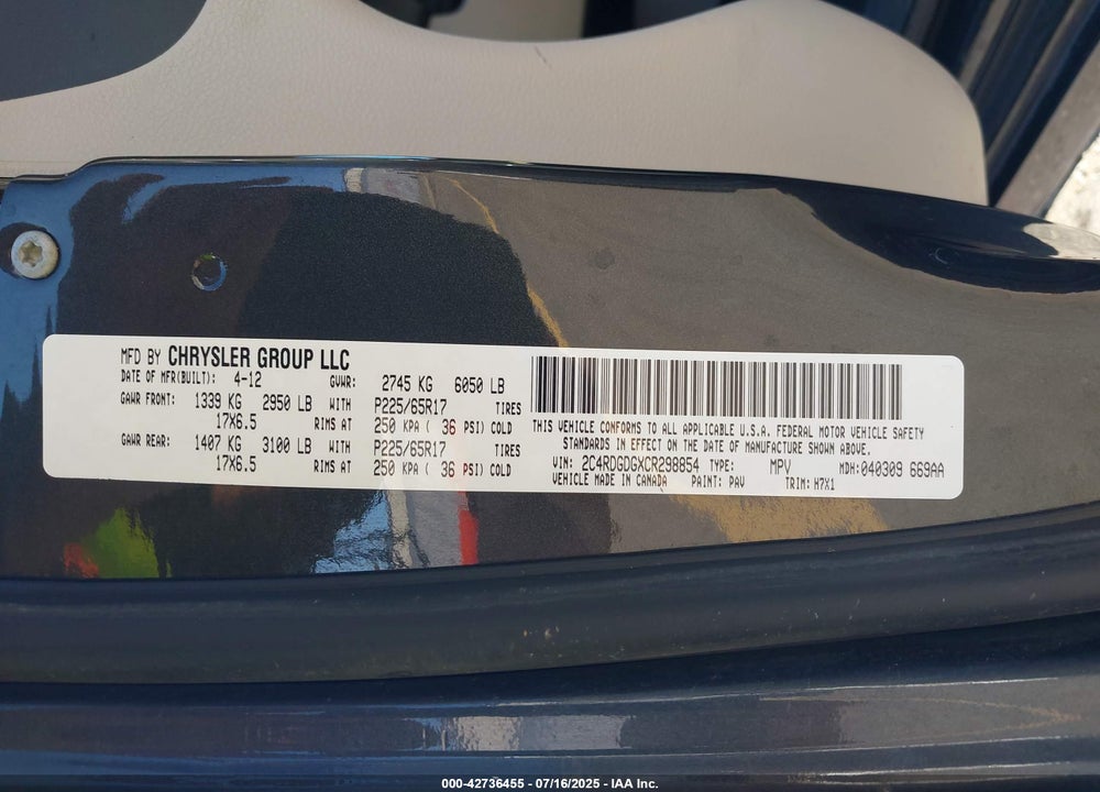 2012 DODGE GRAND CARAVAN CREW VIN: 2C4RDGDGXCR298854