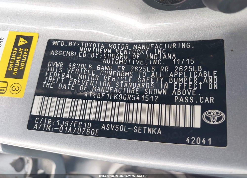 2016 TOYOTA CAMRY VIN: 4T4BF1FK9GR541512