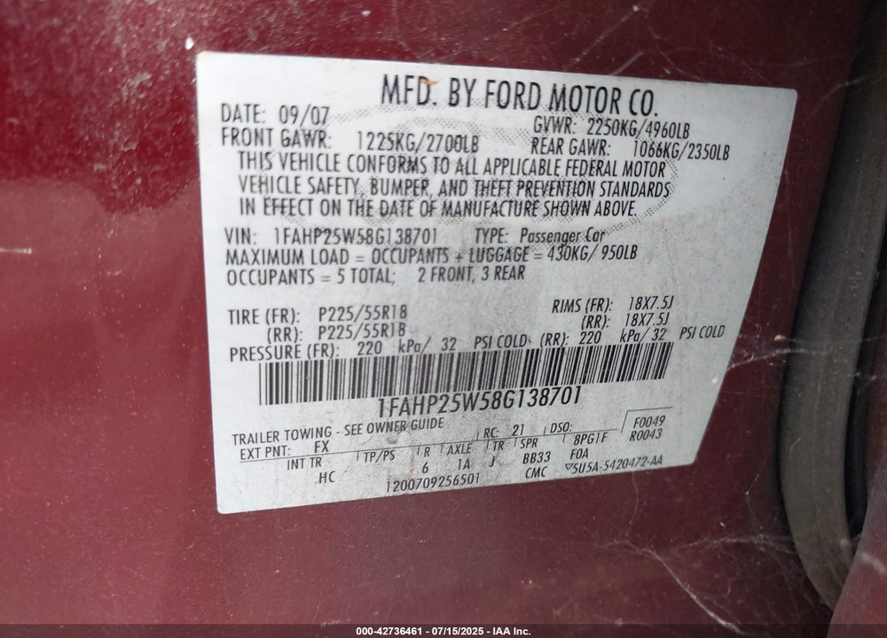 2008 FORD TAURUS VIN: 1FAHP25W58G138701