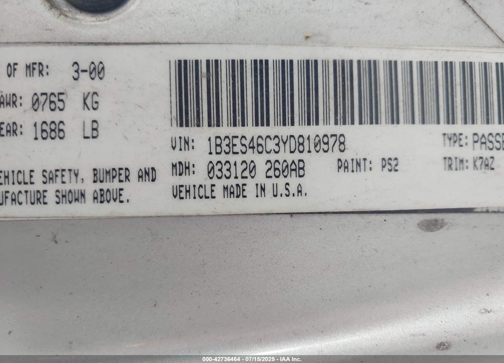 2000 DODGE NEON HIGHLINE VIN: 1B3ES46C3YD810978