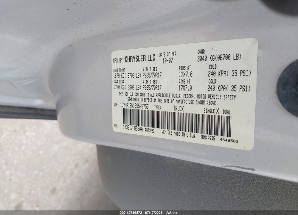 2008 DODGE RAM 1500 ST/SXT VIN: 1D7HA18N18S528755