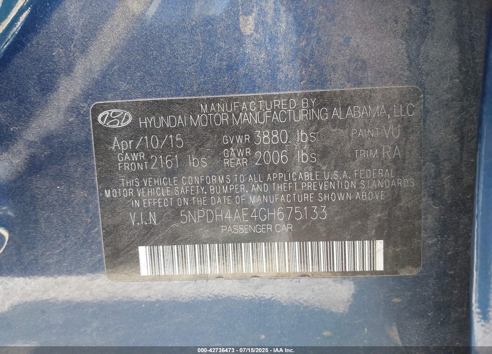 2016 HYUNDAI ELANTRA VIN: 5NPDH4AE4GH675133
