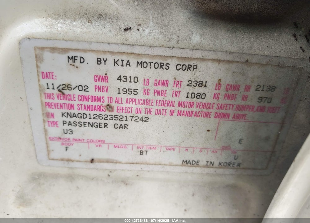 2003 KIA OPTIMA LX/SE VIN: KNAGD126235217242