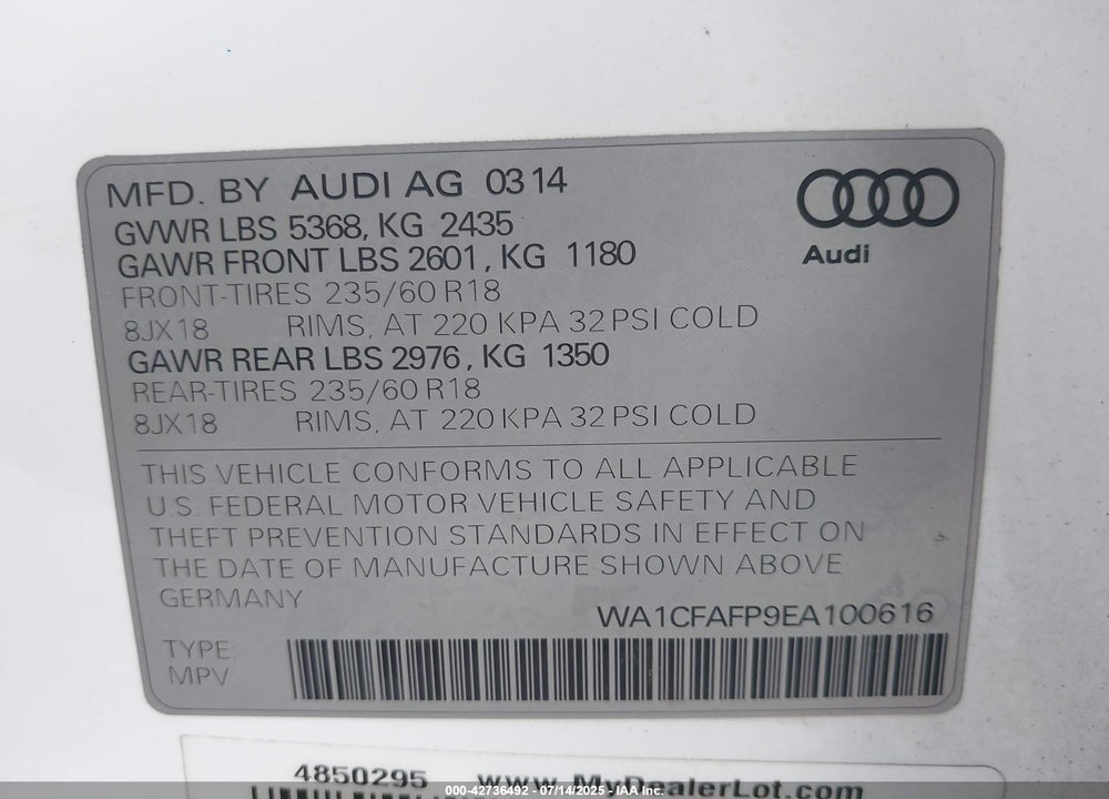 2014 AUDI Q5 VIN: WA1CFAFP9EA100616