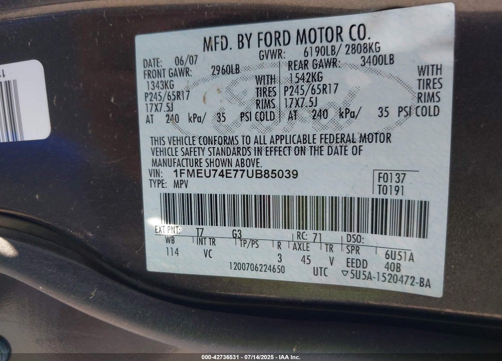 2007 FORD EXPLORER VIN: 1FMEU74E77UB85039