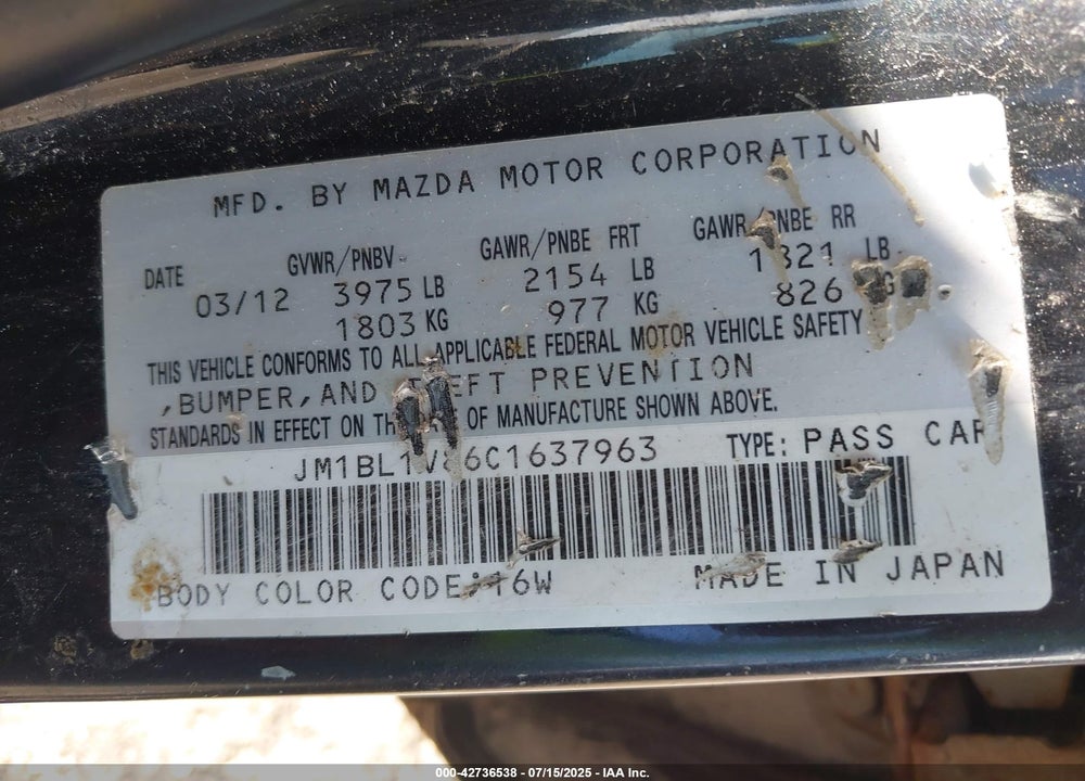 2012 MAZDA 3 VIN: JM1BL1V86C1637963