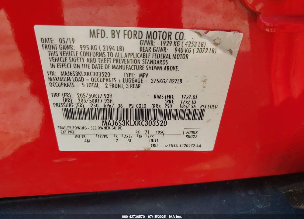 2019 FORD ECOSPORT VIN: MAJ6S3KLXKC303520