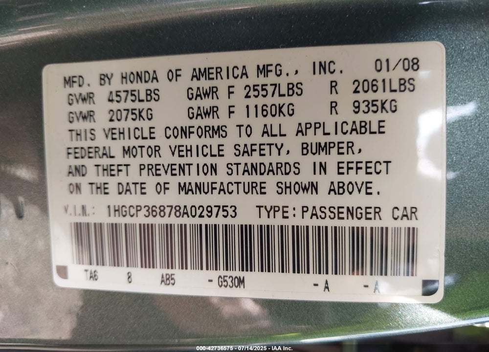 2008 HONDA ACCORD VIN: 1HGCP36878A029753