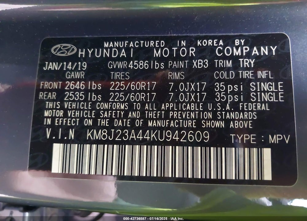 2019 HYUNDAI TUCSON VIN: KM8J23A44KU942609