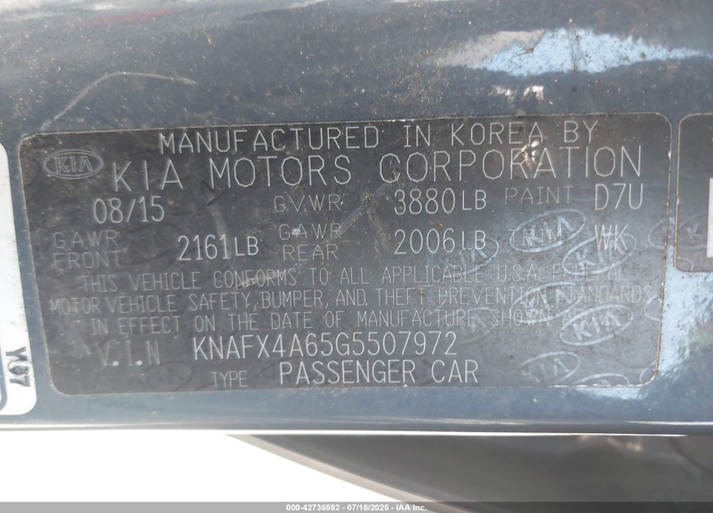 2016 KIA FORTE VIN: KNAFX4A65G5507972