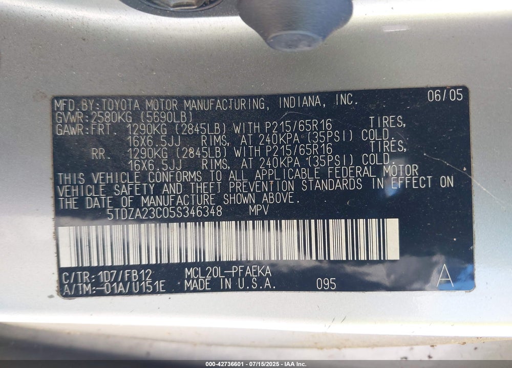 2005 TOYOTA SIENNA VIN: 5TDZA23C05S346348