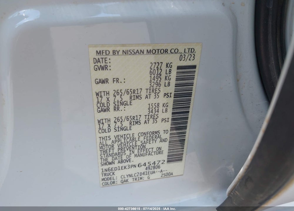 2023 NISSAN FRONTIER VIN: 1N6ED1EK3PN645472