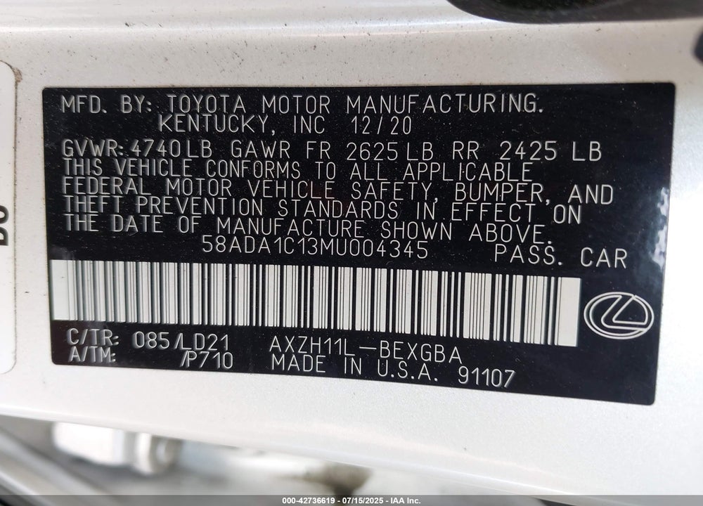 2021 LEXUS ES300H VIN: 58ADA1C13MU004345