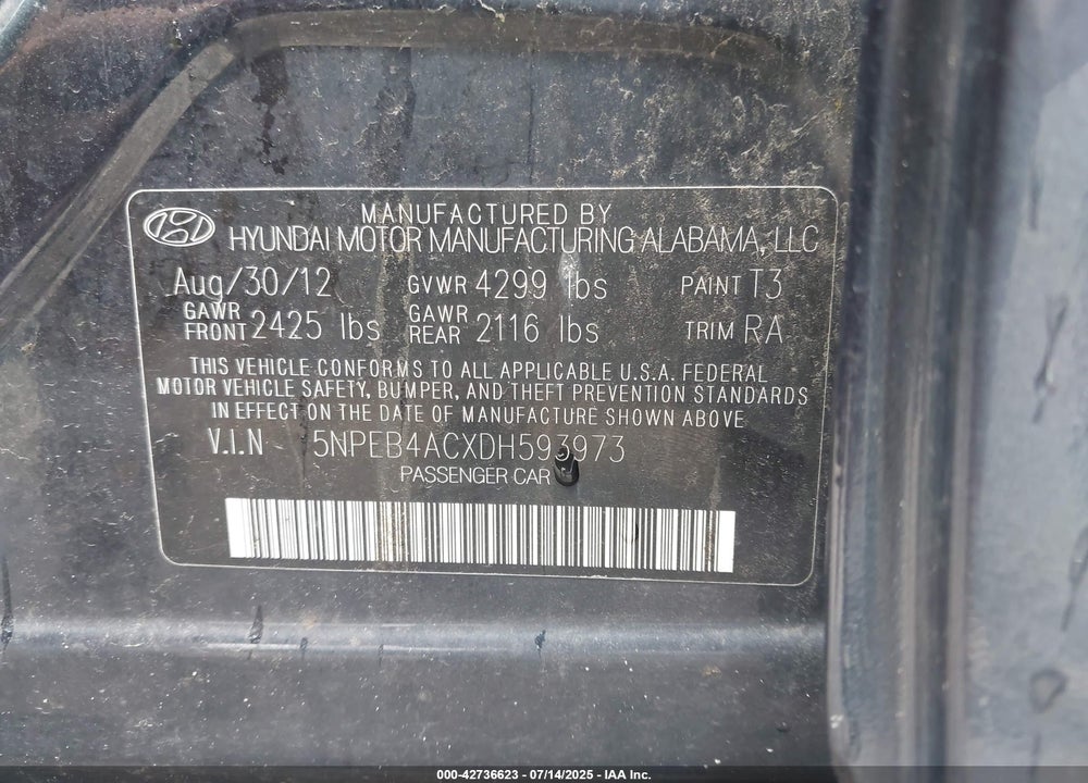 2013 HYUNDAI SONATA VIN: 5NPEB4ACXDH593973
