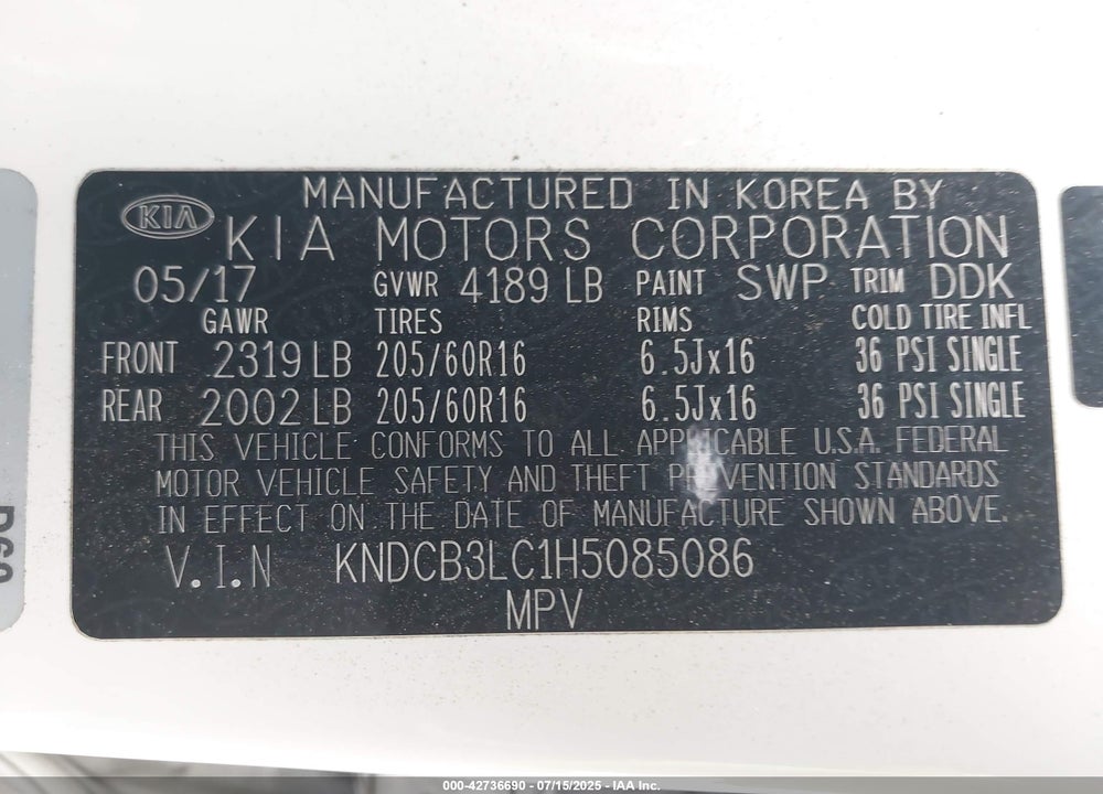 2017 KIA NIRO LX VIN: KNDCB3LC1H5085086