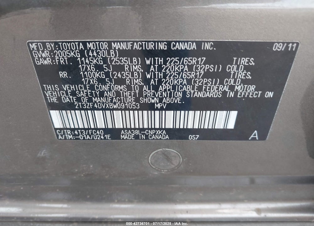 2011 TOYOTA RAV4 VIN: 2T3ZF4DVXBW091053