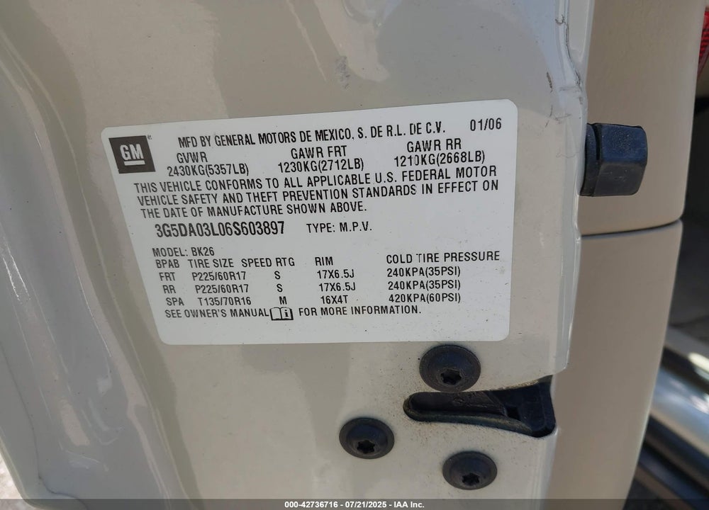 2006 BUICK RENDEZVOUS VIN: 3G5DA03L06S603897