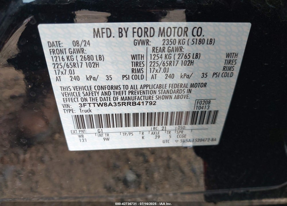 2024 FORD MAVERICK VIN: 3FTTW8A35RRB41792