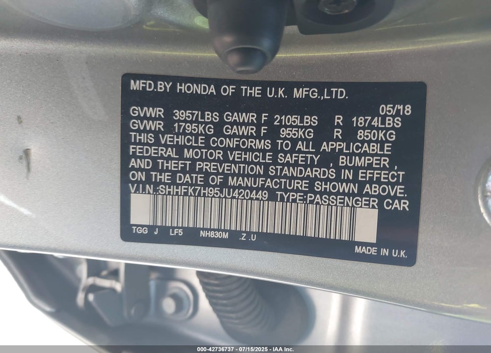 2018 HONDA CIVIC SPORT TOURING VIN: SHHFK7H95JU420449