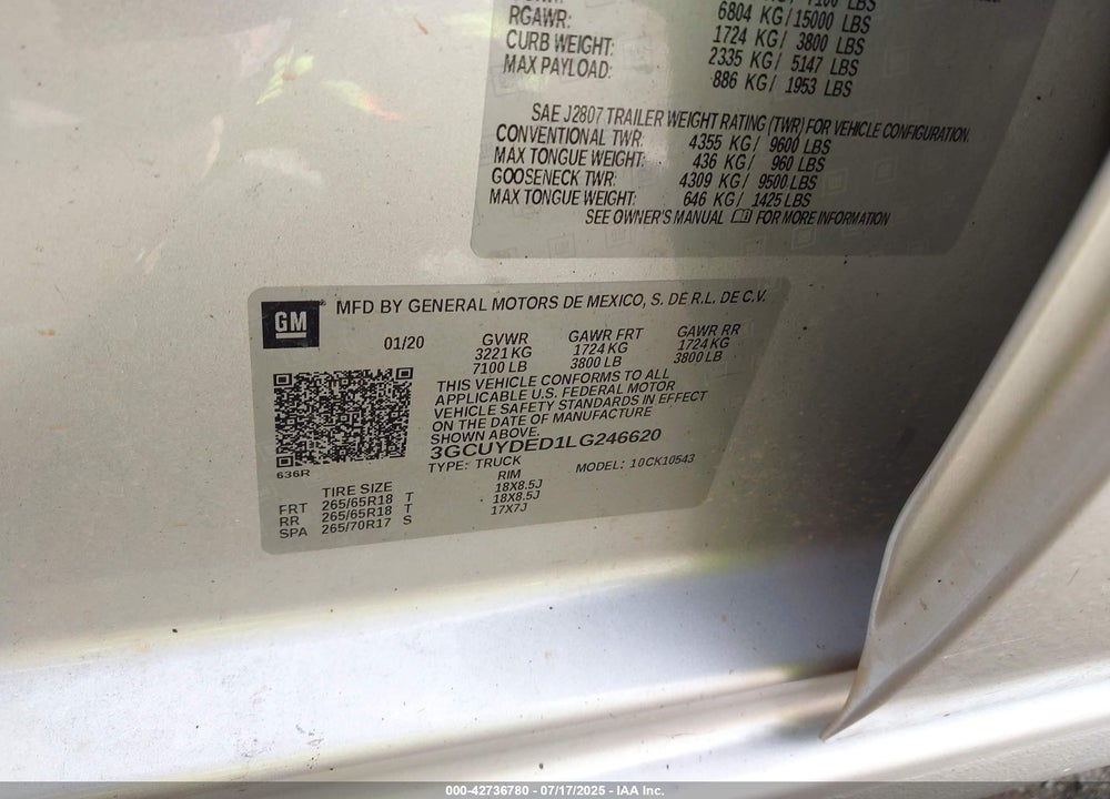2020 CHEVROLET SILVERADO 1500 4WD SHORT BED LT VIN: 3GCUYDED1LG246620