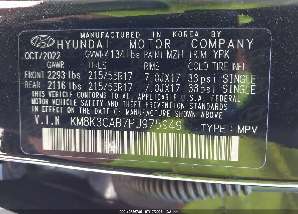 2023 HYUNDAI KONA VIN: KM8K3CAB7PU975949