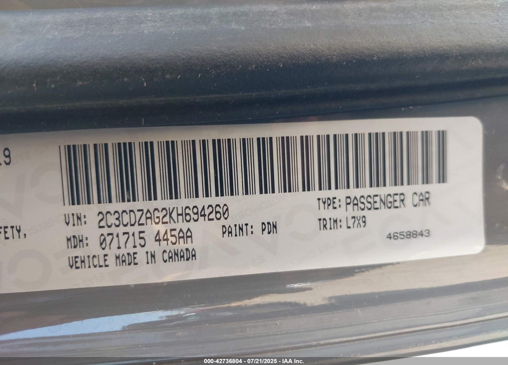 2019 DODGE CHALLENGER VIN: 2C3CDZAG2KH694260