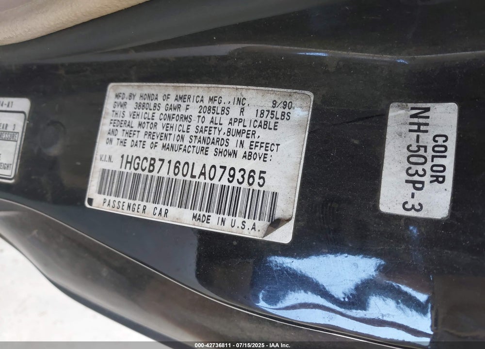 1990 HONDA ACCORD VIN: 1HGCB7160LA079365