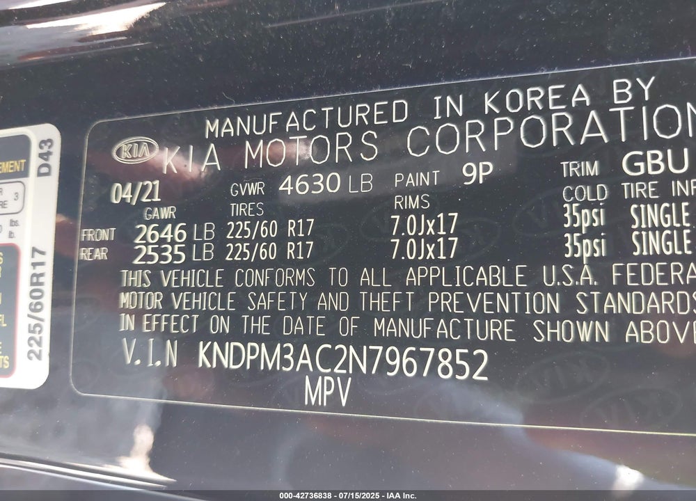 2022 KIA SPORTAGE VIN: KNDPM3AC2N7967852