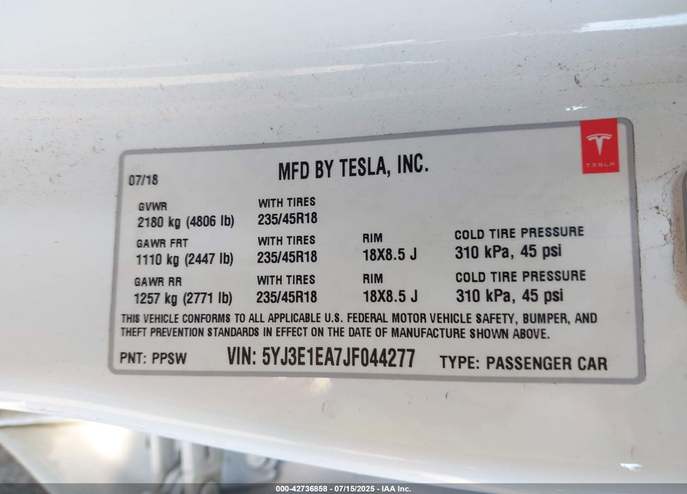 2018 TESLA MODEL 3 LONG RANGE/MID RANGE VIN: 5YJ3E1EA7JF044277