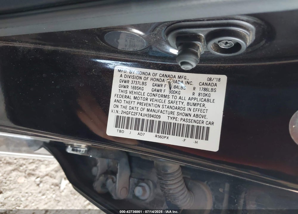 2018 HONDA CIVIC VIN: 2HGFC2F74JH594009