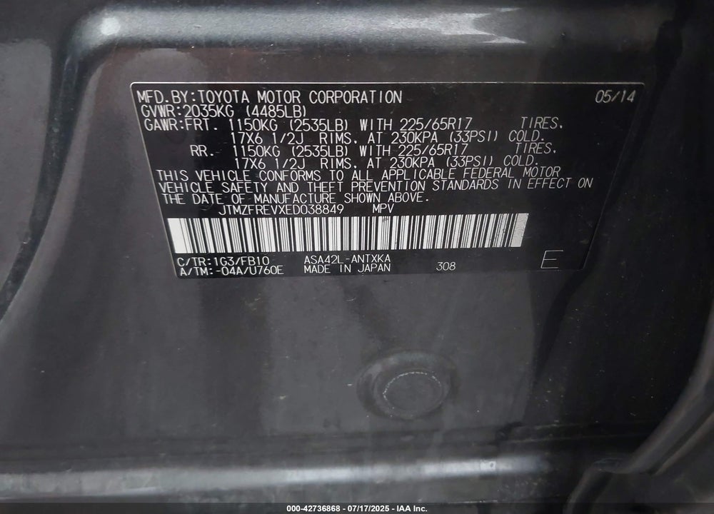 2014 TOYOTA RAV4 LE VIN: JTMZFREVXED038849