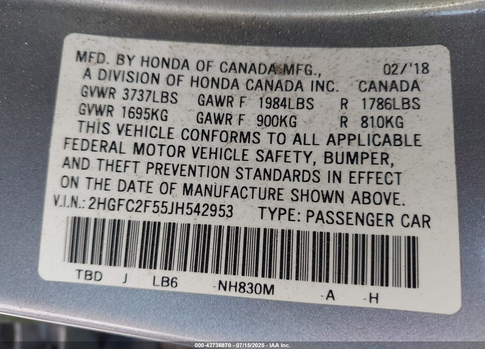 2018 HONDA CIVIC VIN: 2HGFC2F55JH542953