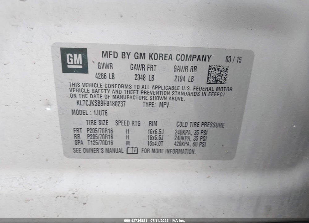 2015 CHEVROLET TRAX VIN: KL7CJKSB9FB180237