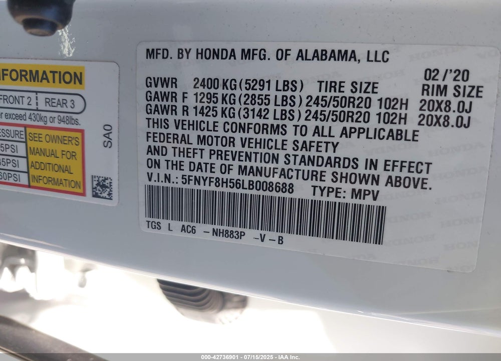 2020 HONDA PASSPORT AWD EX-L VIN: 5FNYF8H56LB008688