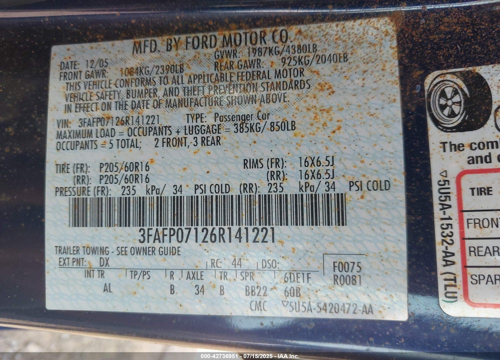 2006 FORD FUSION SE VIN: 3FAFP07126R141221