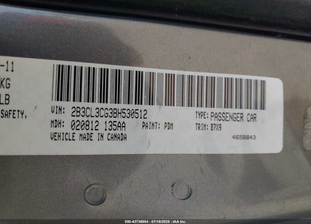 2011 DODGE CHARGER VIN: 2B3CL3CG3BH530512