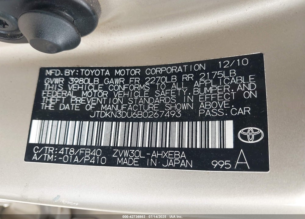 2011 TOYOTA PRIUS VIN: JTDKN3DU6B0267493