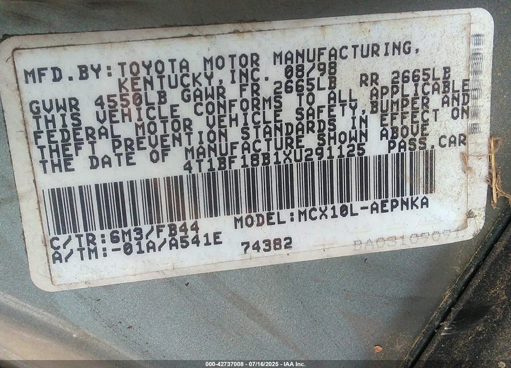 1999 TOYOTA AVALON XL VIN: 4T1BF18B1XU291125