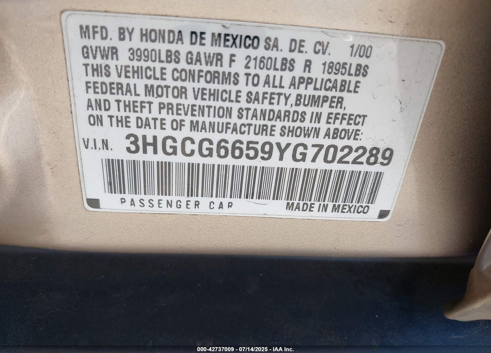 2000 HONDA ACCORD 2.3 LX VIN: 3HGCG6659YG702289