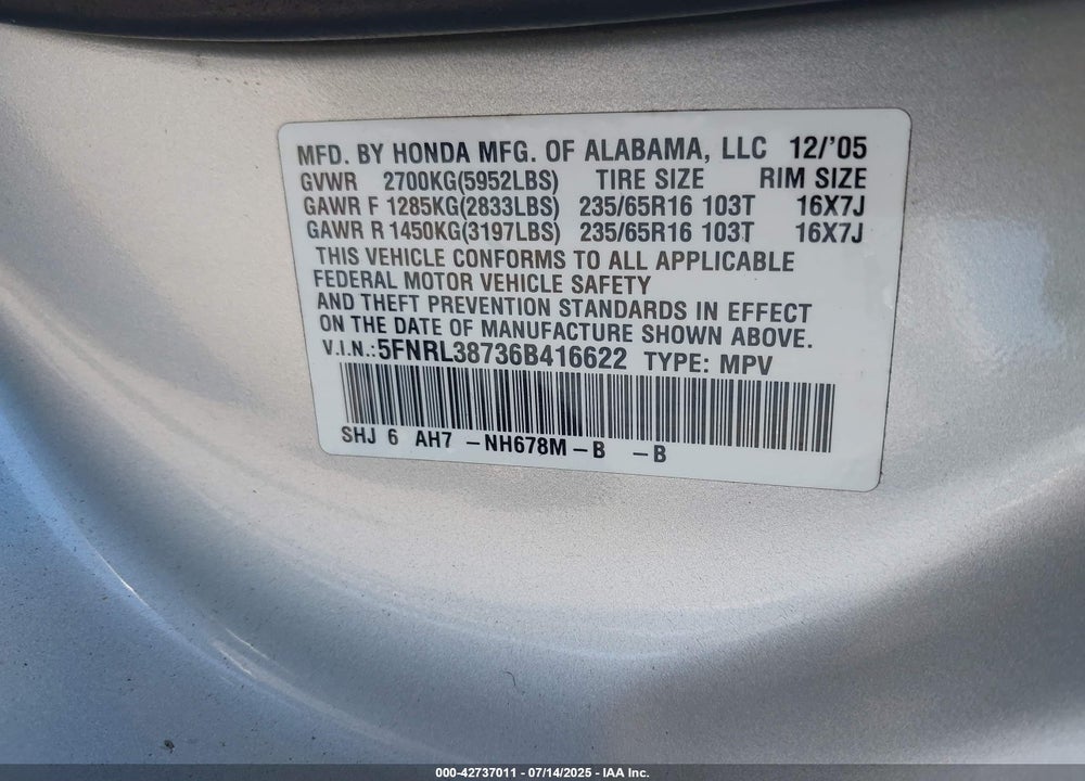 2006 HONDA ODYSSEY VIN: 5FNRL38736B416622