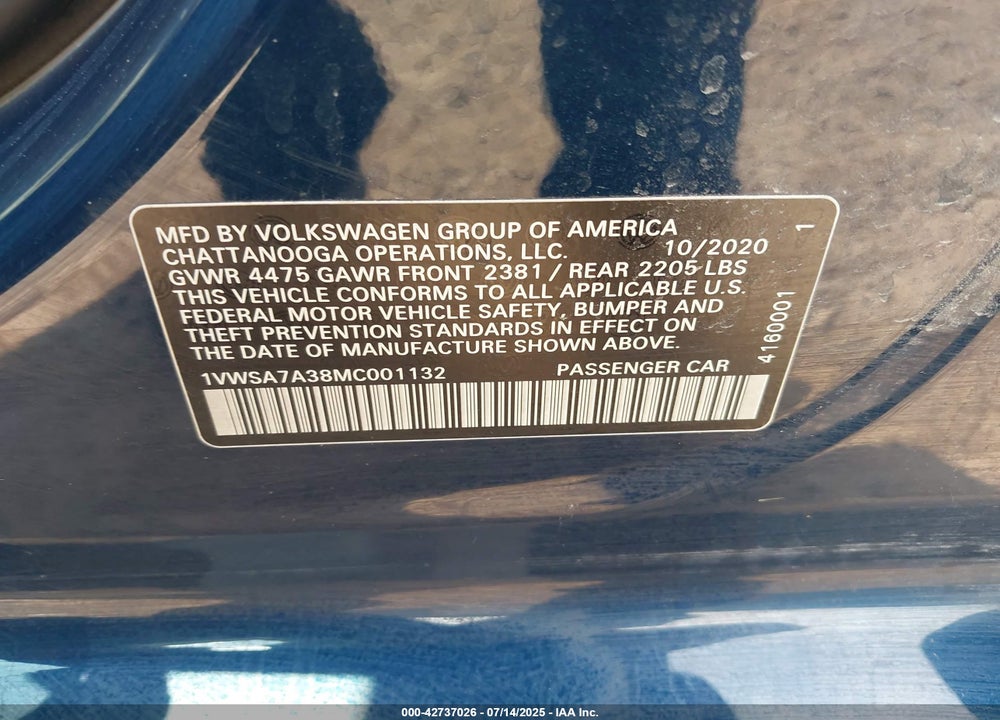 2021 VOLKSWAGEN PASSAT VIN: 1VWSA7A38MC001132