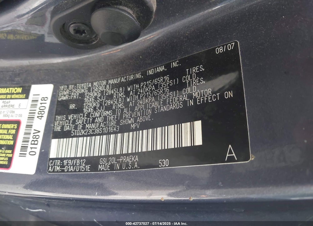 2008 TOYOTA SIENNA VIN: 5TDZK23C38S101643