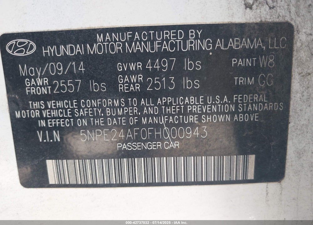 2015 HYUNDAI SONATA VIN: 5NPE24AF0FH000943