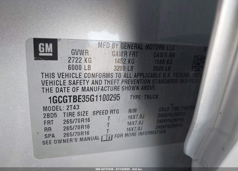 2016 CHEVROLET COLORADO VIN: 1GCGTBE35G1100295