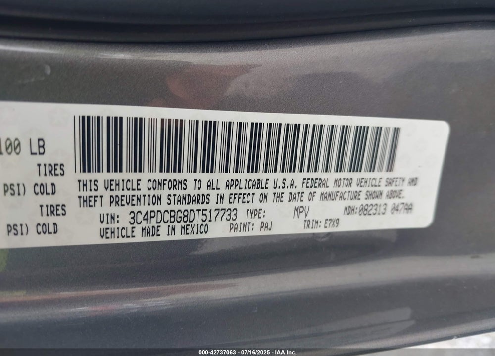 2013 DODGE JOURNEY VIN: 3C4PDCBG8DT517733