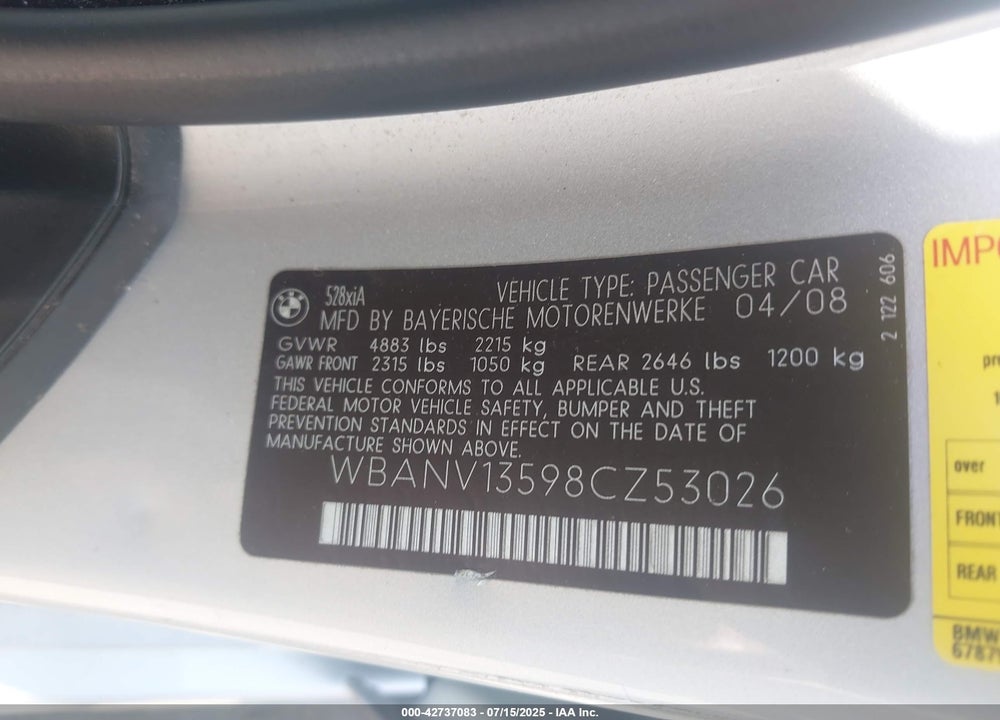 2008 BMW 528XI VIN: WBANV13598CZ53026