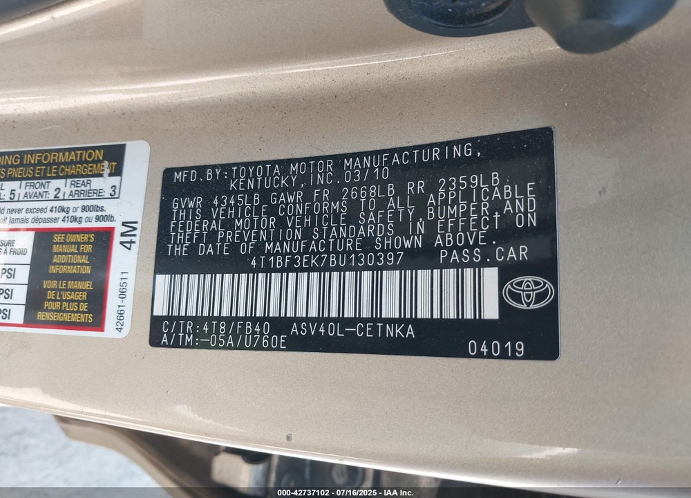 2011 TOYOTA CAMRY VIN: 4T1BF3EK7BU130397