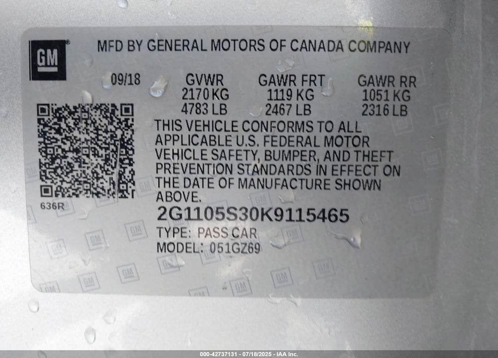 2019 CHEVROLET IMPALA VIN: 2G1105S30K9115465