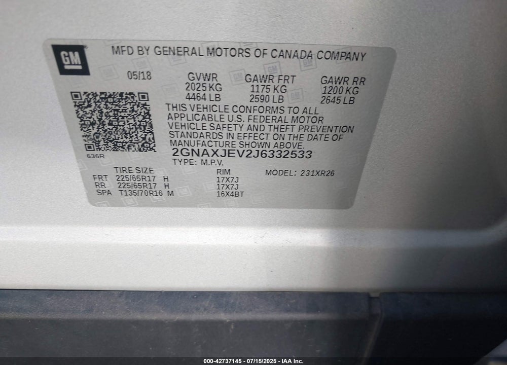 2018 CHEVROLET EQUINOX VIN: 2GNAXJEV2J6332533
